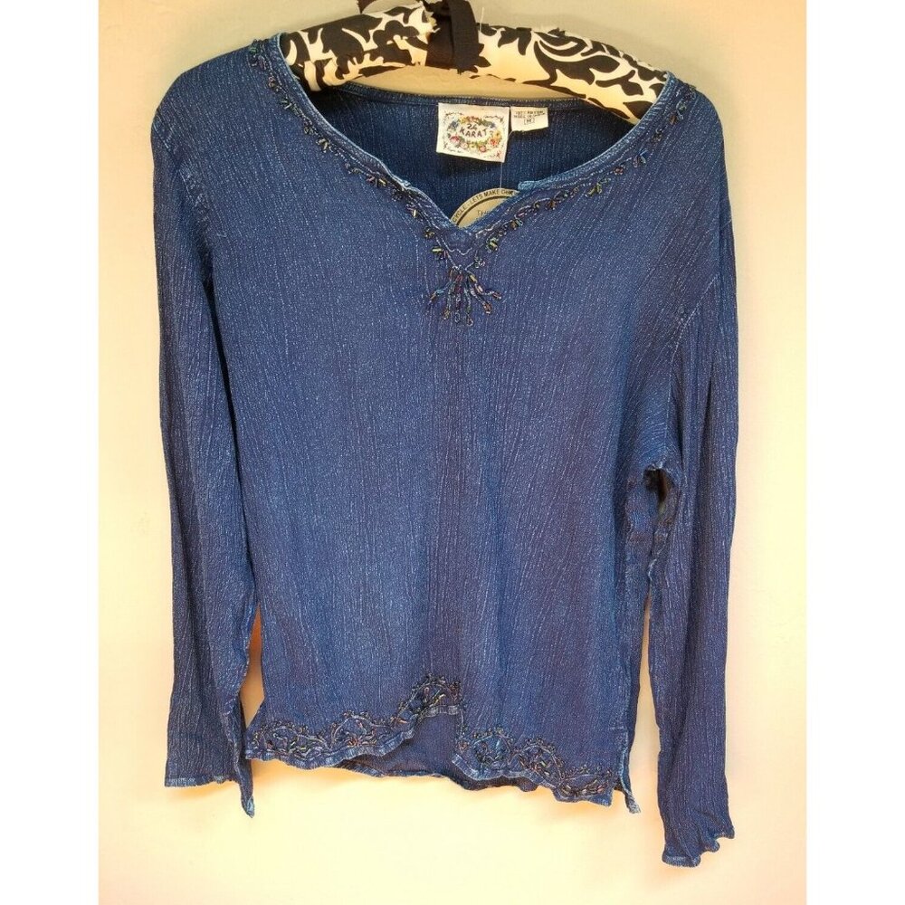 24 Karat Womens Embellish Sequin Beads Denim Top Medium Blue Long Sleeves New